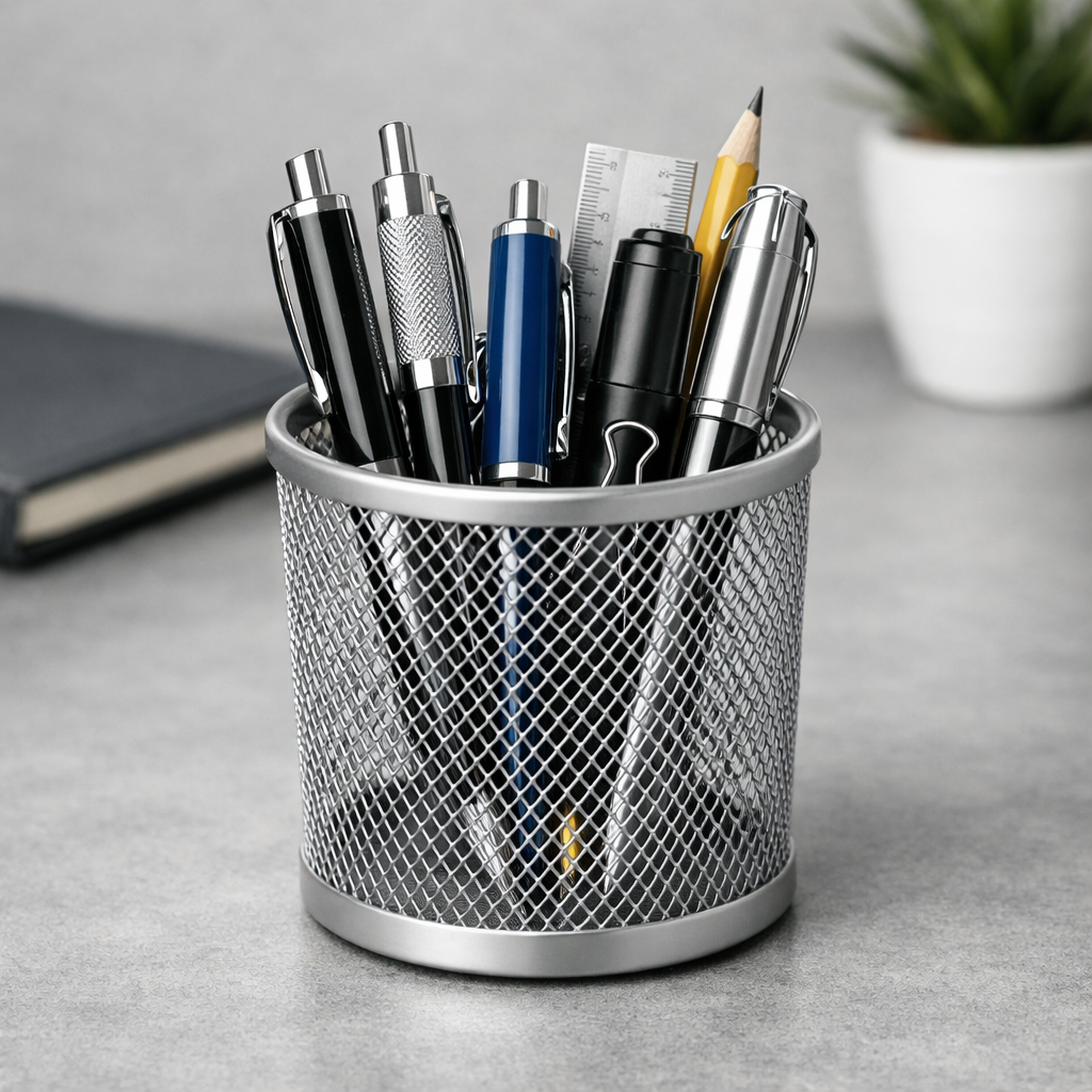 Silver Mesh Round Pen Holder